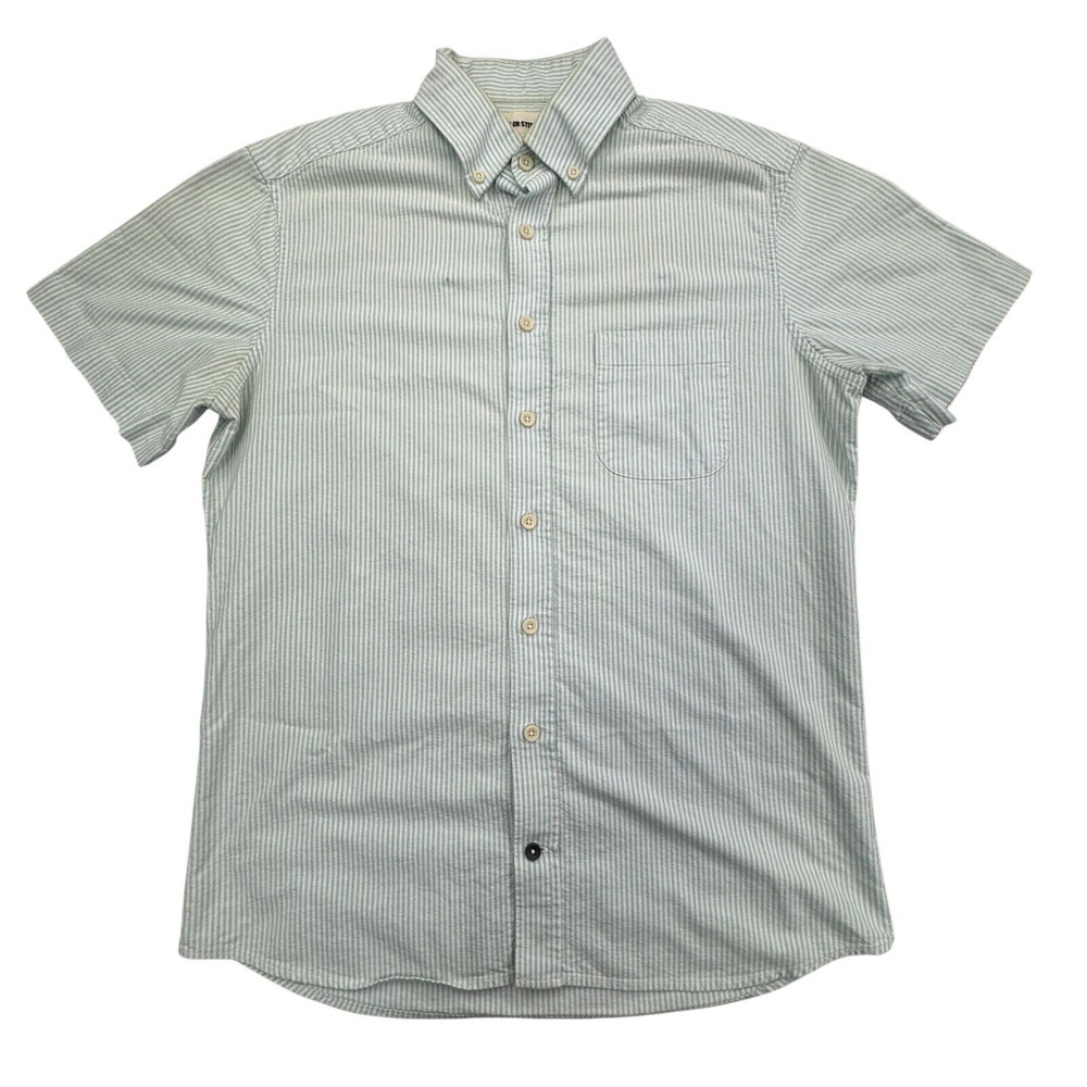 Taylor Stitch Shirt Mens 38 Green Striped Casual Short Sleeve Collar Button Down